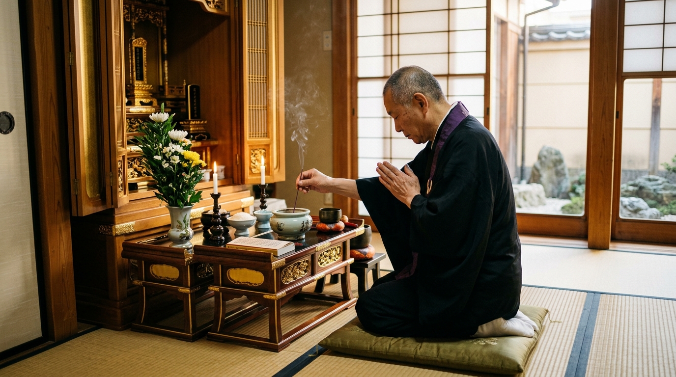 京都の寺院僧侶による仏壇の閉眼供養・魂抜き法要風景