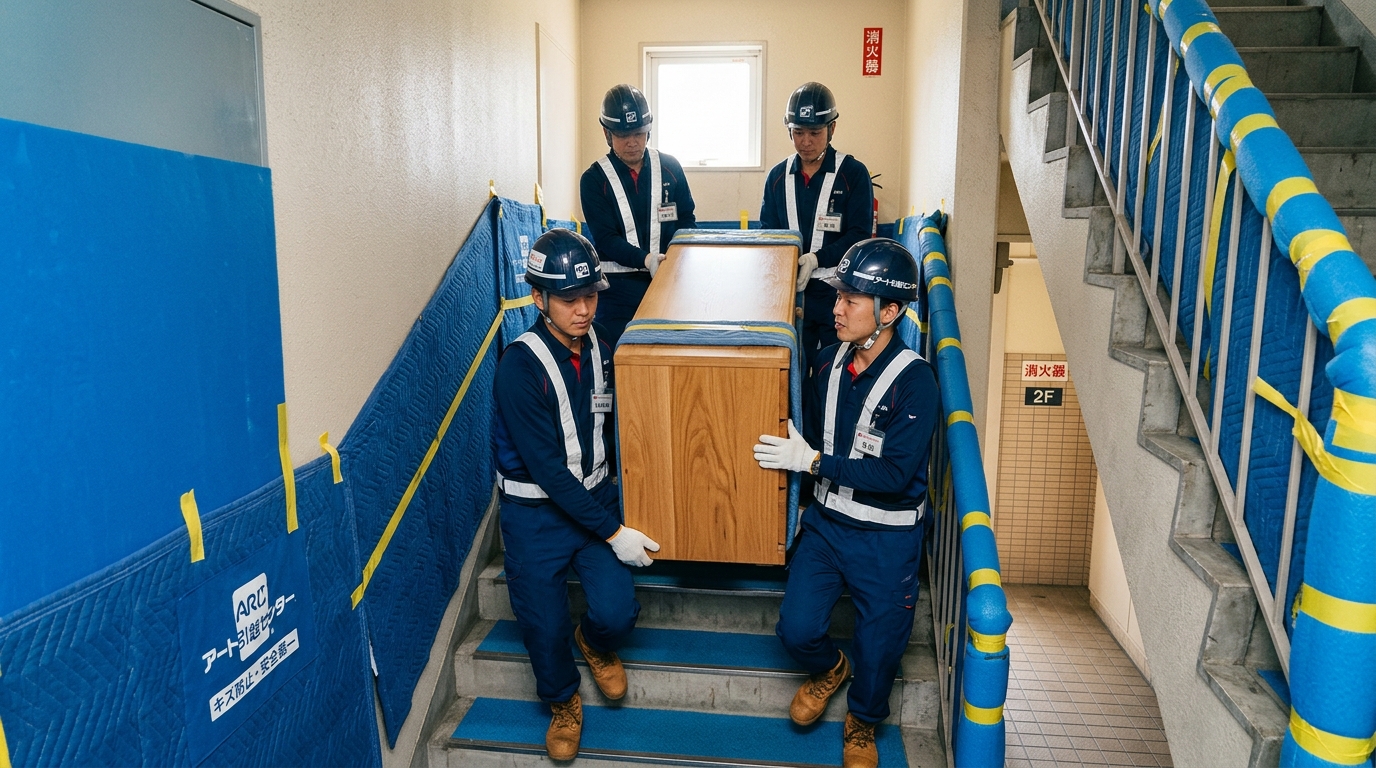 エレベーターなし団地の階段搬出作業（壁面養生・チーム搬出）